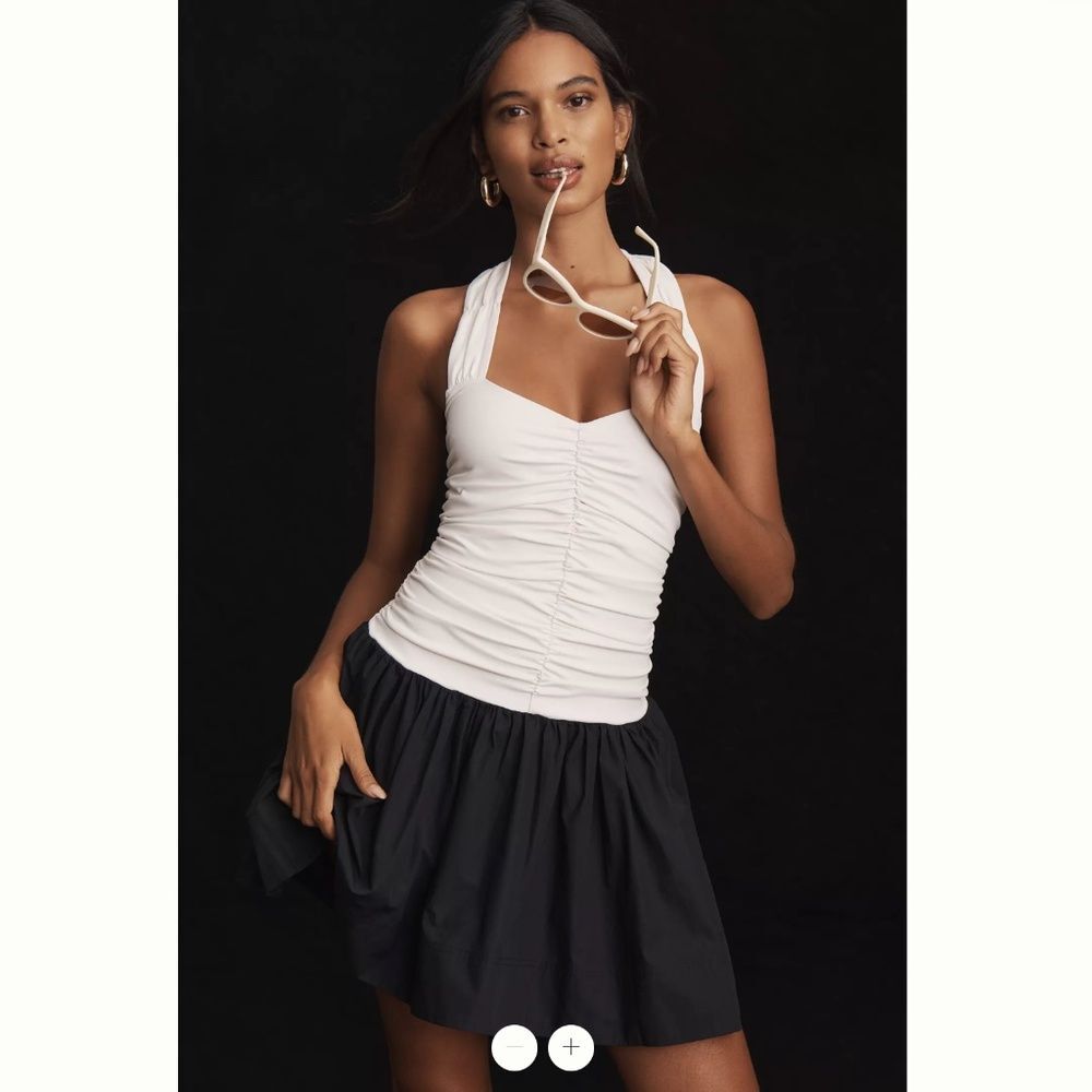 Maeve White Ruched Halter Top with Black Skirt